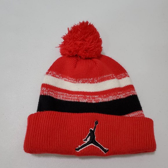Jordan Men Hat OS Red Acrylic Beanie Jumpman Pom Pom Striped Pullover - Picture 1 of 4